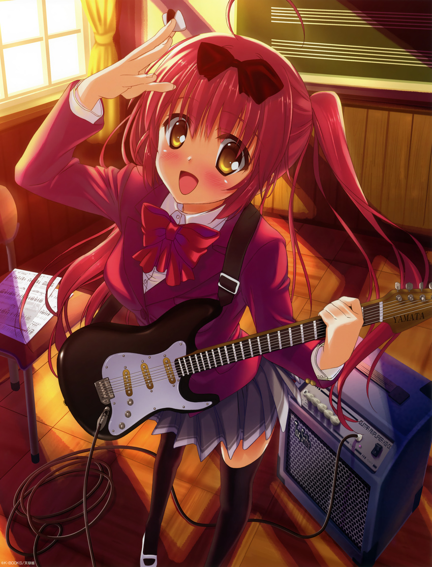 :d absurdres amakusa_tobari amplifier black_legwear blush bow chair classroom curtains guitar highres holding indoors instrument long_hair looking_at_viewer open_mouth original plectrum red_hair scan school_uniform sheet_music shoes smile solo sunlight thighhighs twintails uwabaki window yellow_eyes zettai_ryouiki