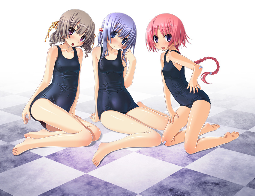 barefoot blue_hair blush braid breasts brown_hair checkered checkered_floor feet hair_ornament highres long_hair multiple_girls one-piece_swimsuit open_mouth pink_hair sakuya_tsuitachi school_swimsuit shiny shiny_clothes short_hair small_breasts smile sukumizu_tabehoudai swimsuit wet