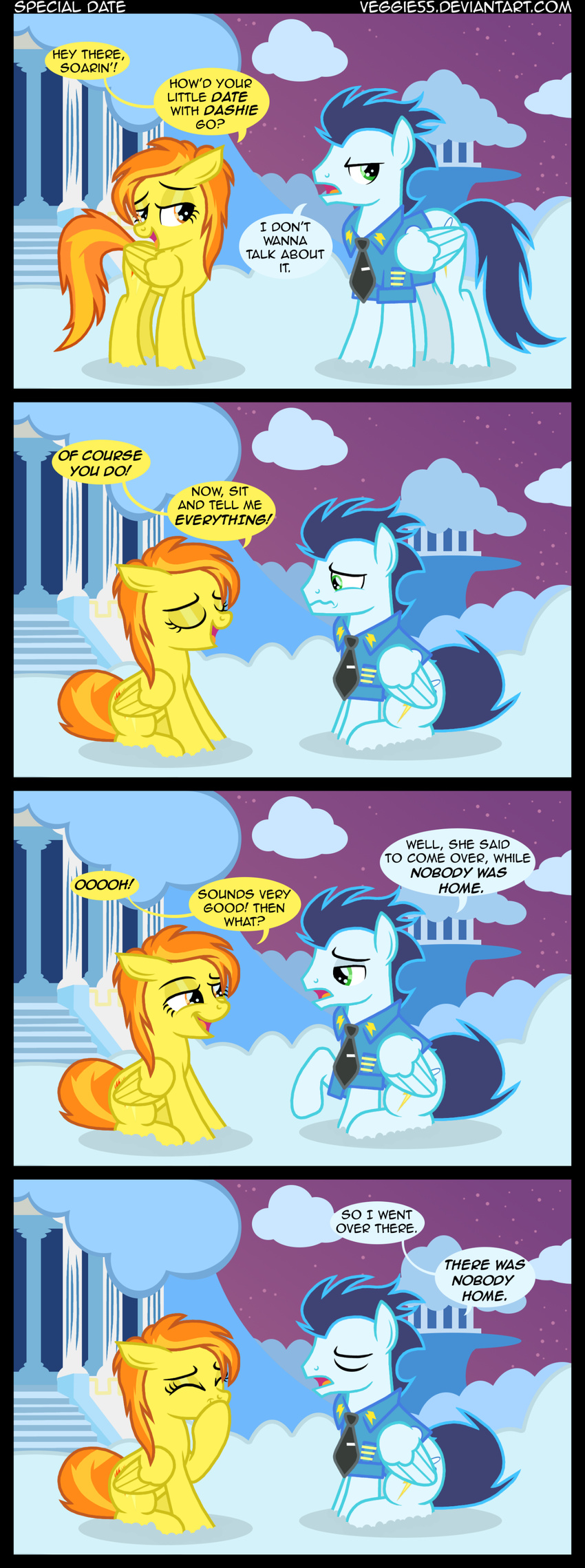 clothing cloudsdale comic couple cutie_mark dialog dialogue english_text equine female feral friendship_is_magic green_eyes hair horse humor joke male mammal my_little_pony necktie pegasus pony shirt soarin_(mlp) spitfire_(mlp) text two_tone_hair veggie55 wings wonderbolts_(mlp)