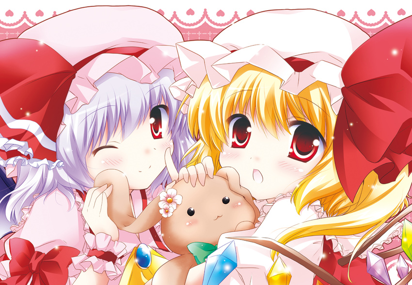 blonde_hair bow bunny flandre_scarlet flower hat lavender_hair multiple_girls one_eye_closed red_eyes remilia_scarlet short_hair siblings side_ponytail sisters touhou white-brown wings