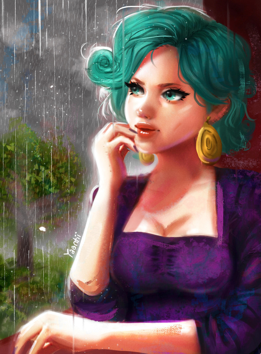 1girl absurdres aqua_eyes aqua_hair artist_name breasts cleavage commentary day dress earrings english_commentary hand_to_own_mouth highres jewelry large_breasts lips lipstick looking_afar makeup nail_polish outdoors parted_lips purple_dress purple_nails rain red_lipstick solo stardew_valley sunlight traveling_merchant_(stardew_valley) tree yanting_sun