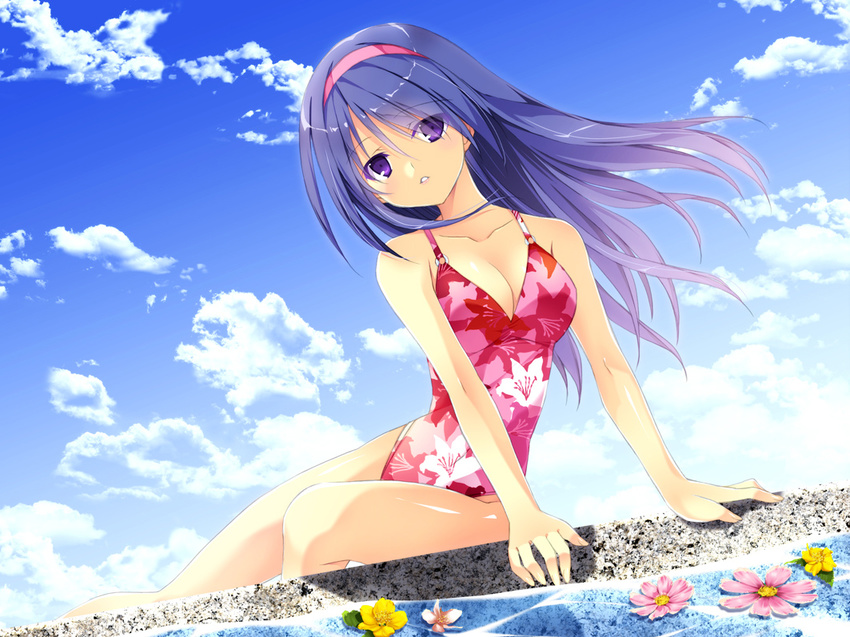 breasts casual_one-piece_swimsuit cleavage cloud collarbone cosmos_(flower) day floral_print flower hairband kobayashi_chisato long_hair medium_breasts one-piece_swimsuit original purple_eyes purple_hair sky solo swimsuit water wind