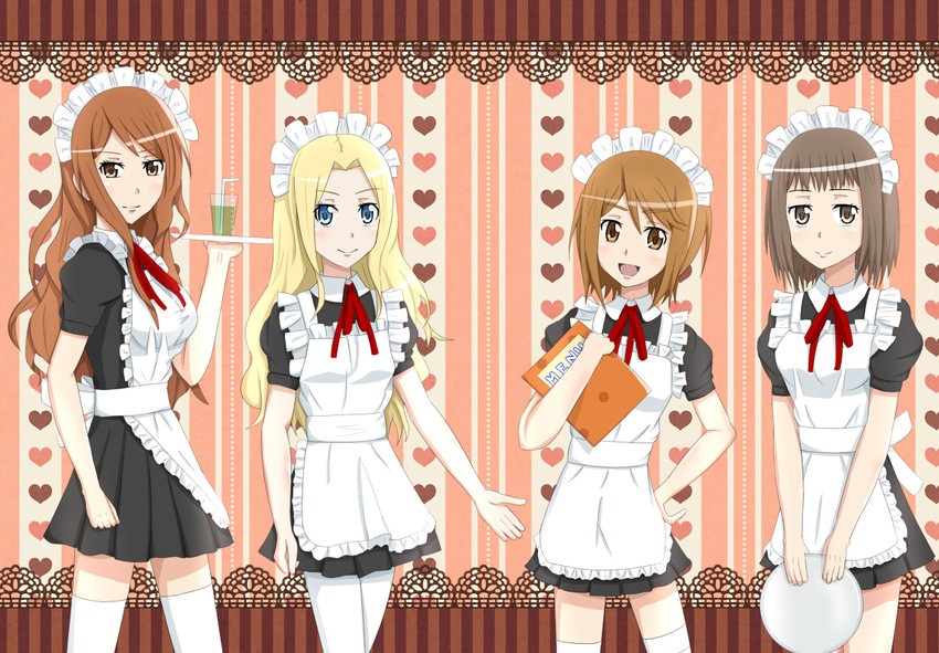 alternate_costume black_hair blonde_hair blue_eyes brown_eyes brown_hair cosplay enmaided frenda_seivelun kinuhata_saiai lieass long_hair maid mugino_shizuri multiple_girls takitsubo_rikou to_aru_majutsu_no_index