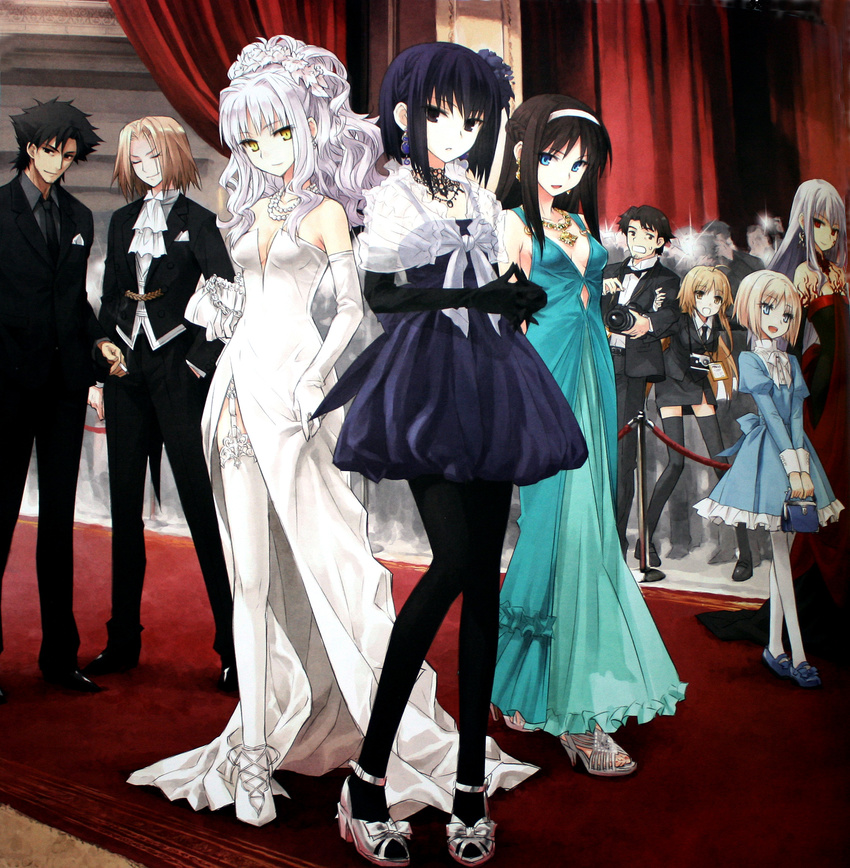 bag black_gloves black_hair black_legwear breasts canaan caren_hortensia closed_eyes company_connection crossover dark_sakura dress earrings elbow_gloves emiya_kiritsugu facial_hair fate/hollow_ataraxia fate/prototype fate/stay_night fate/zero fate_(series) flower formal full_body garter_straps gloves gown hair_flower hair_ornament handbag high_heels highres jewelry konoe_ototsugu kuonji_alice mahou_tsukai_no_yoru mary_janes matou_sakura medium_breasts melty_blood minorikawa_minoru multiple_boys multiple_girls necklace necktie non-web_source oosawa_maria pantyhose pearl_necklace sajou_manaka scan scan_artifacts shoes short_hair side_slit skirt_suit stubble suit thighhighs toenail_polish toono_akiha tsukihime type-moon wallachia white_dress white_gloves white_hair white_legwear yellow_eyes