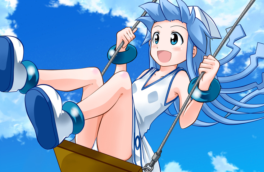 blue_eyes blue_hair blush cloud day dress hat ikamusume long_hair md5_mismatch open_mouth panties pantyshot rokushaku_neko shinryaku!_ikamusume sky smile solo swing tentacle_hair underwear white_panties