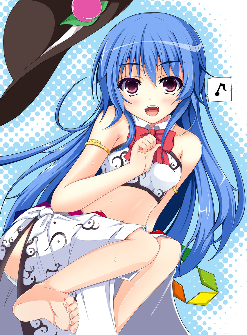 bad_id bad_pixiv_id bikini blue_hair chitosy detached_collar food fruit hat highres hinanawi_tenshi long_hair long_skirt peach print_sarong red_eyes sarong skirt solo swimsuit touhou white_sarong