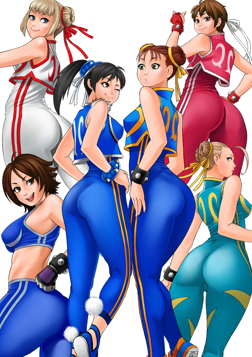 ;) ahoge alternate_color alternate_costume alternate_hairstyle ass back bangs bare_shoulders black_eyes black_hair blue_bodysuit blue_eyes bodysuit bracelet breasts brown_eyes brown_hair cammy_white chun-li chun-li_(cosplay) cosplay covered_nipples crop_top cropped_vest crossover double_bun double_vertical_stripe eye_contact fingerless_gloves flipped_hair from_behind gloves grey_hair hair_ornament hair_ribbon hair_up hand_on_hip hands_on_hips happy headband high_ponytail highres jewelry kasugano_sakura kazama_asuka kneepits large_breasts light_smile lili_(tekken) ling_xiaoyu long_hair looking_at_another looking_at_viewer looking_back midriff multiple_girls one_eye_closed parted_lips pom_pom_(clothes) ponytail profile red_bodysuit ribbon shoes short_hair side_slit sidelocks simple_background skin_tight sleeveless smile sneakers spandex sports_bra standing street_fighter street_fighter_x_tekken street_fighter_zero_(series) studded_bracelet taut_clothes tekken thumbs_up twintails unitard vest white_background white_bodysuit zonda_(solid_air)