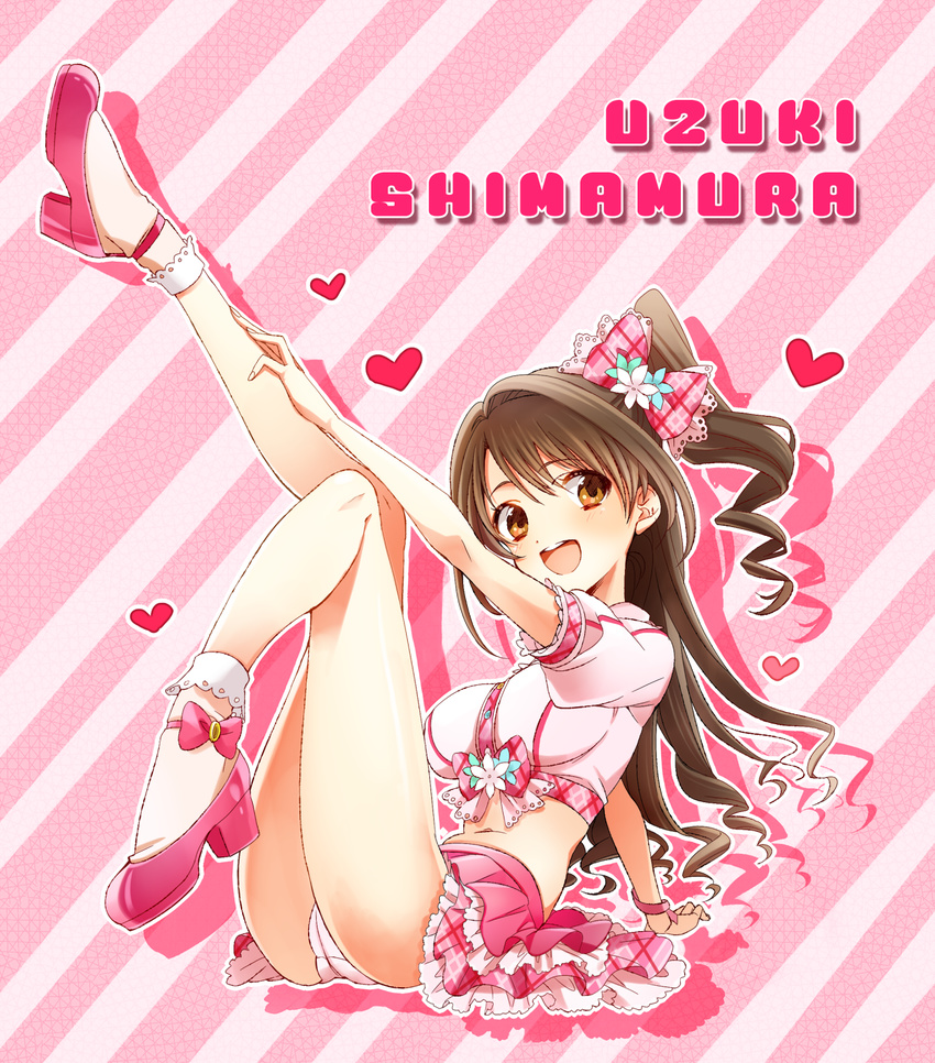 :d bow brown_eyes brown_hair character_name crop_top drill_hair half_updo highres hinabu idolmaster idolmaster_cinderella_girls long_hair midriff navel one_side_up open_mouth panties pink_check_school shimamura_uzuki smile solo underwear