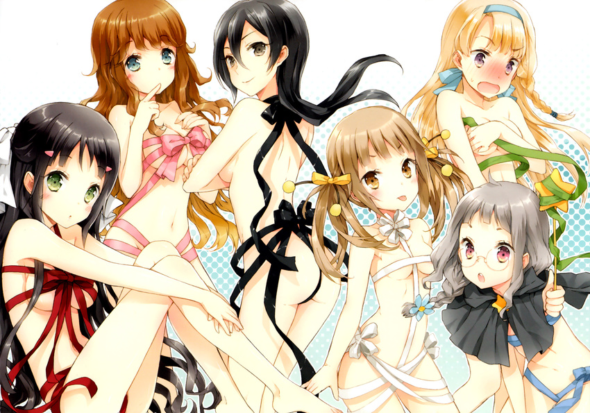 :o :p ass bare_shoulders barefoot black_hair blonde_hair blush braid breast_hold breasts brown_eyes brown_hair capelet covering cuteg glasses green_eyes grey_hair hairband highres kannagi_miyabi kono_naka_ni_hitori_imouto_ga_iru! kunitachi_rinka long_hair looking_back medium_breasts mizutani_ikusu multiple_girls naked_ribbon navel official_art purple_eyes ribbon sagara_mei sideboob small_breasts smile tendou_mana tongue tongue_out tsuruma_konoe twintails very_long_hair wand