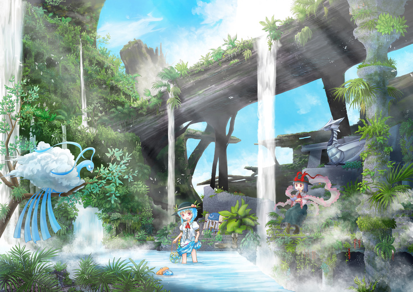 absurdres altaria backpack bag blue_hair cloud day flower food forest frog fruit gen_3_pokemon hat highres hinanawi_tenshi kana_tako long_skirt multiple_girls nagae_iku nature peach pokemon pokemon_(creature) red_eyes ruins scenery short_hair skirt touhou tree water waterfall