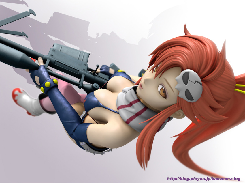 3d bikini_top breasts cleavage elbow_gloves gloves gun hair_ornament kanzeon large_breasts long_hair ponytail red_hair rifle scarf short_shorts shorts solo tengen_toppa_gurren_lagann thighhighs weapon yellow_eyes yoko_littner