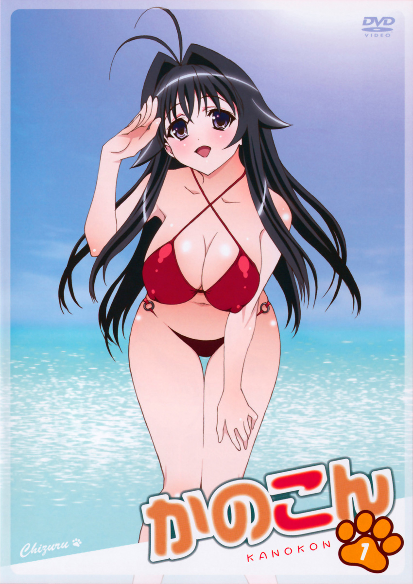 antenna_hair beach bent_over bikini black_hair blush breasts cleavage collarbone cover covered_nipples dvd_cover hand_on_own_thigh highres kanokon large_breasts long_hair minamoto_chizuru no_nose non-web_source official_art smile solo swimsuit takami_akio thigh_gap wide_hips