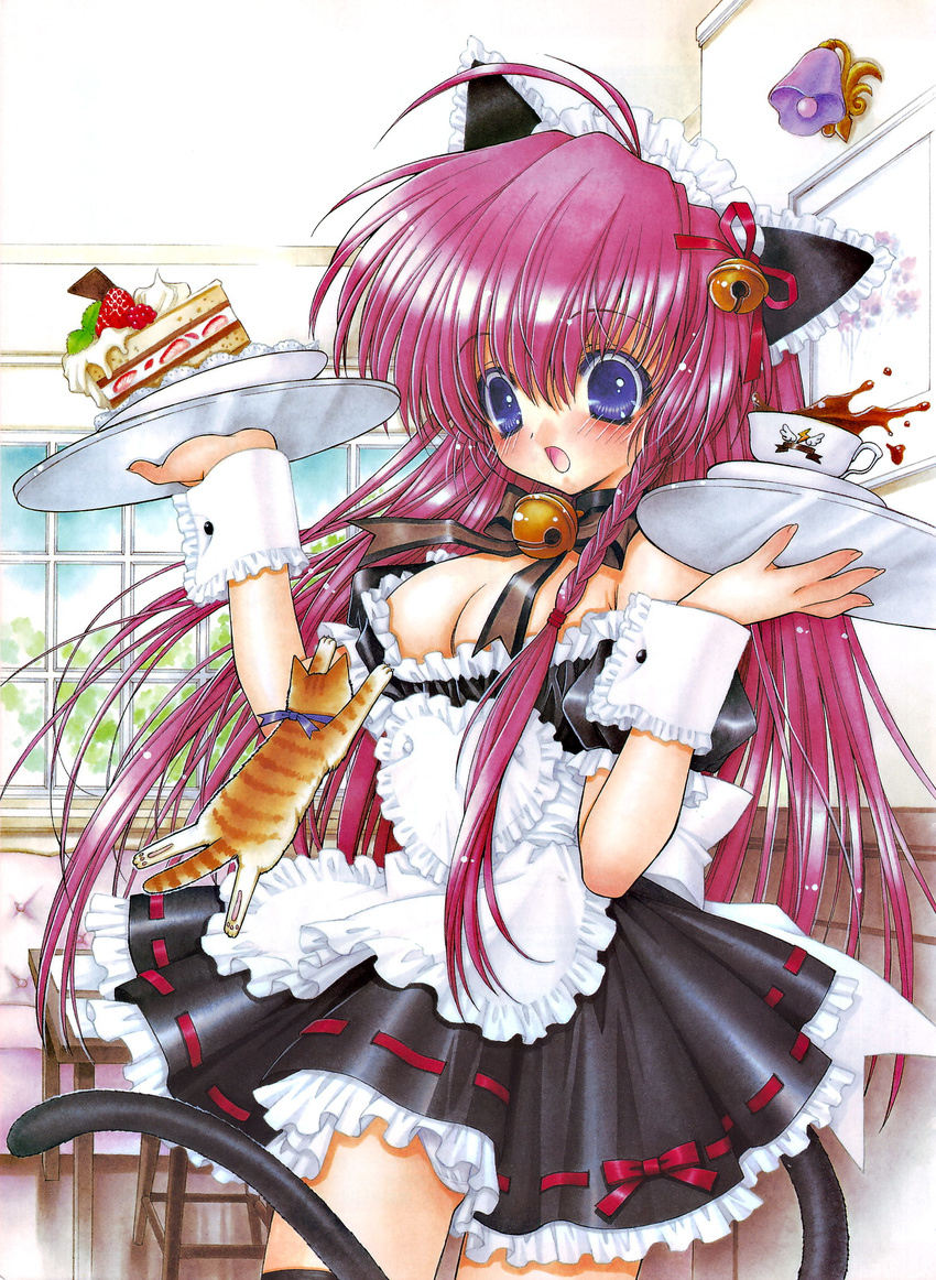 ahoge animal_ears apron bell blue_eyes blush bow braid breasts cake cat cat_ears cleavage copyright_request food frills highres large_breasts long_hair maid pastry pink_hair ramiya_ryou ribbon solo spill surprised tail tea waitress wrist_cuffs