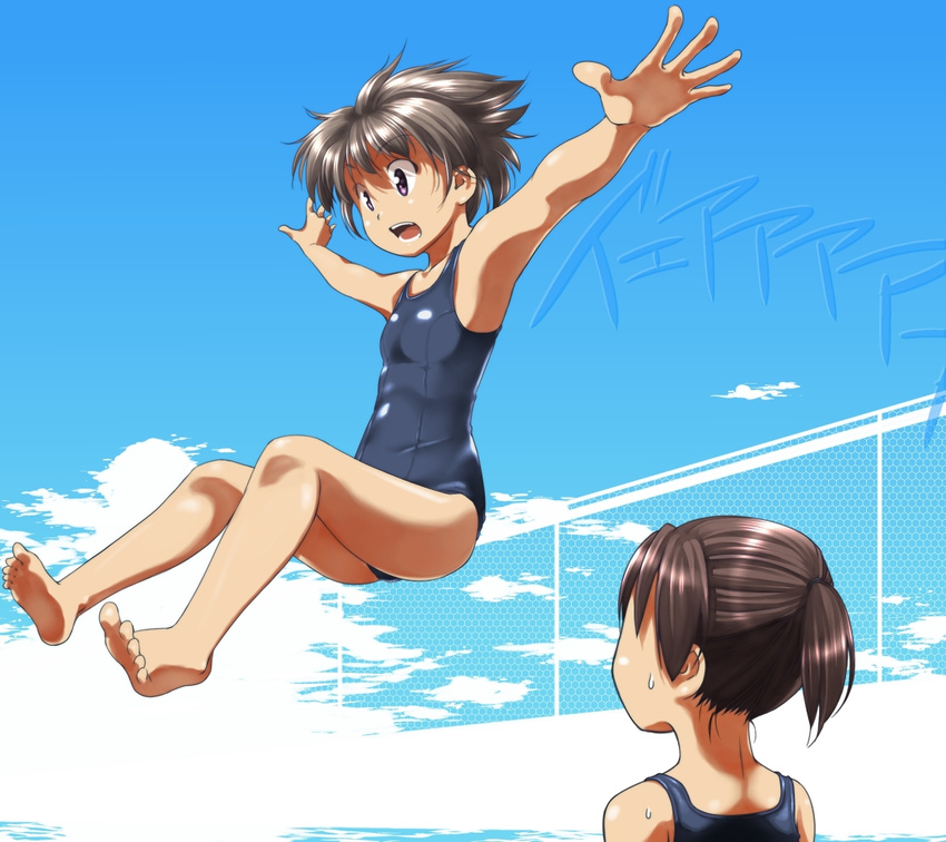 armpits barefoot chain-link_fence commentary day feet fence flat_chest foreshortening hands jumping multiple_girls niconico noroi_no_yakata one-piece_swimsuit original outdoors outstretched_arms ponytail pool poolside school_swimsuit shouting spread_arms swimsuit translated ttomm