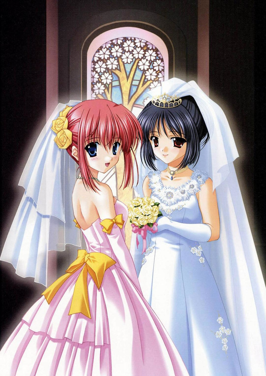 black_hair blue_eyes blush bouquet bride church copyright_request dress flower highres multiple_girls nanao_naru red_eyes red_hair scan stained_glass wedding_dress