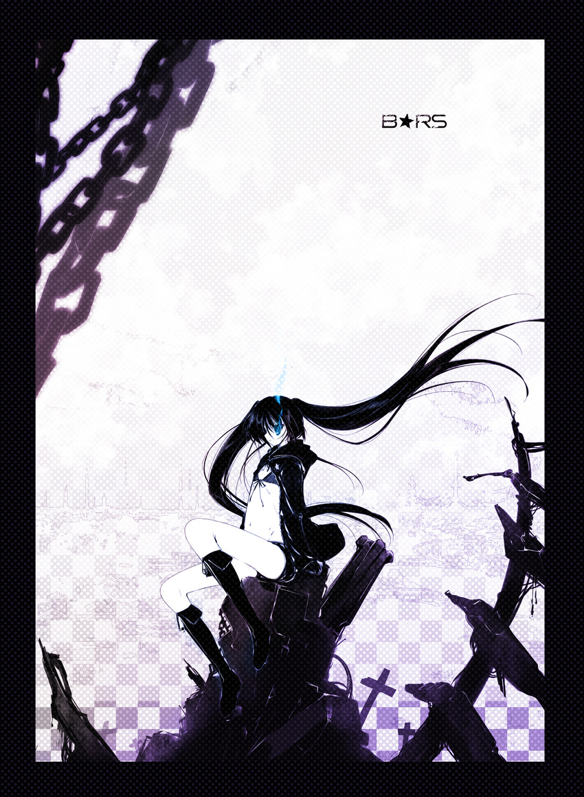 akahito bad_id bad_pixiv_id black_hair black_rock_shooter black_rock_shooter_(character) blue_eyes chain highres long_hair midriff navel solo twintails