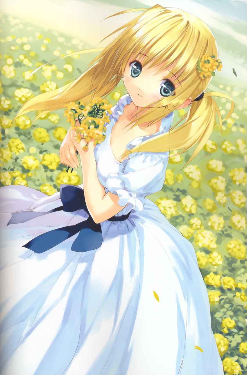 aqua_eyes bangs bare_arms blonde_hair blue_eyes breasts closed_mouth copyright_request cowboy_shot crease day dress dutch_angle eyebrows_visible_through_hair falling_leaves field flower flower_field from_above hair_over_shoulder hair_tie highres holding holding_flower leaf long_dress long_hair looking_at_viewer medium_breasts nature outdoors puffy_short_sleeves puffy_sleeves sash short_sleeves sidelocks smile solo standing twintails ueda_ryou yellow_flower