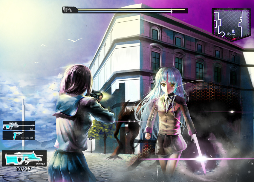 angel_beats! assault_rifle bad_id bad_pixiv_id barrett beretta_93r blazer bullpup crossover fake_screenshot feng_ze fn_f2000 gameplay_mechanics gun handgun highres jacket knife long_hair monster multiple_girls parody pistol purple_hair resident_evil rifle school_uniform serafuku shinda_sekai_sensen_uniform silver_hair skirt tenshi_(angel_beats!) weapon yellow_eyes yuri_(angel_beats!)