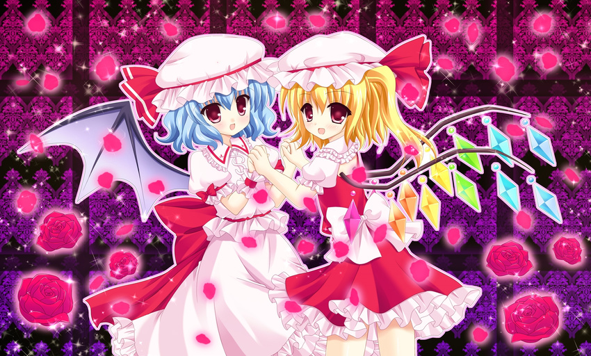 bad_id bad_pixiv_id bat_wings blonde_hair blue_hair bow crystal flandre_scarlet hat hat_ribbon highres holding_hands kouta. multiple_girls open_mouth petals puffy_sleeves red_eyes remilia_scarlet ribbon short_hair short_sleeves siblings side_ponytail sisters touhou wings wrist_cuffs