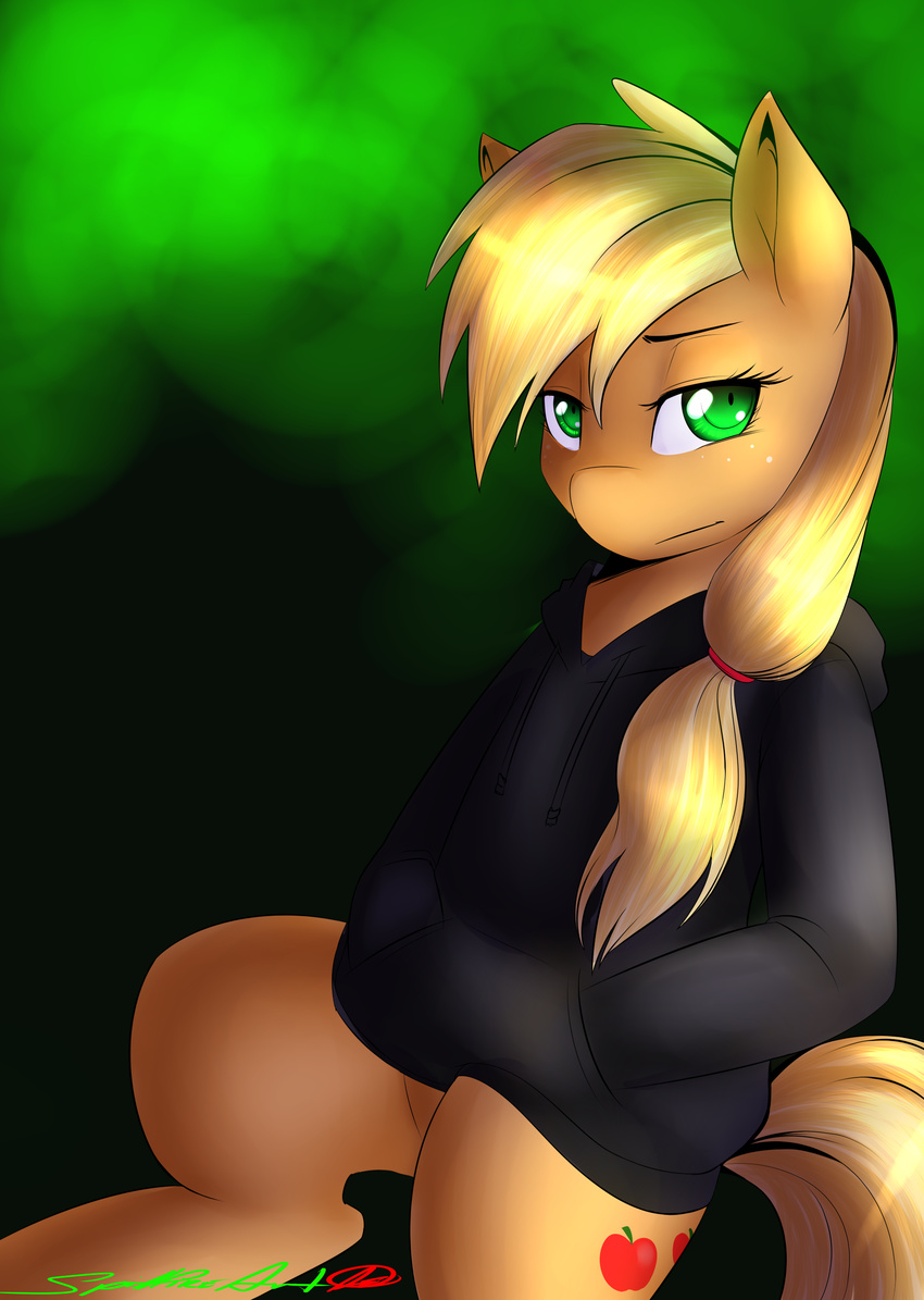 angst anthro anthrofied applejack_(mlp) blonde_hair clothing cutie_mark equine female friendship_is_magic green_eyes hair hi_res hoodie horse looking_at_viewer mammal my_little_pony pony solo spittfire