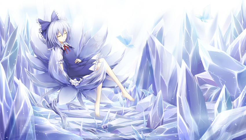 barefoot blue_hair blush bow bug butterfly cirno closed_eyes cloudy.r dress flower hair_bow highres ice ice_flower insect puffy_sleeves short_hair short_sleeves sitting sleeping smile solo touhou