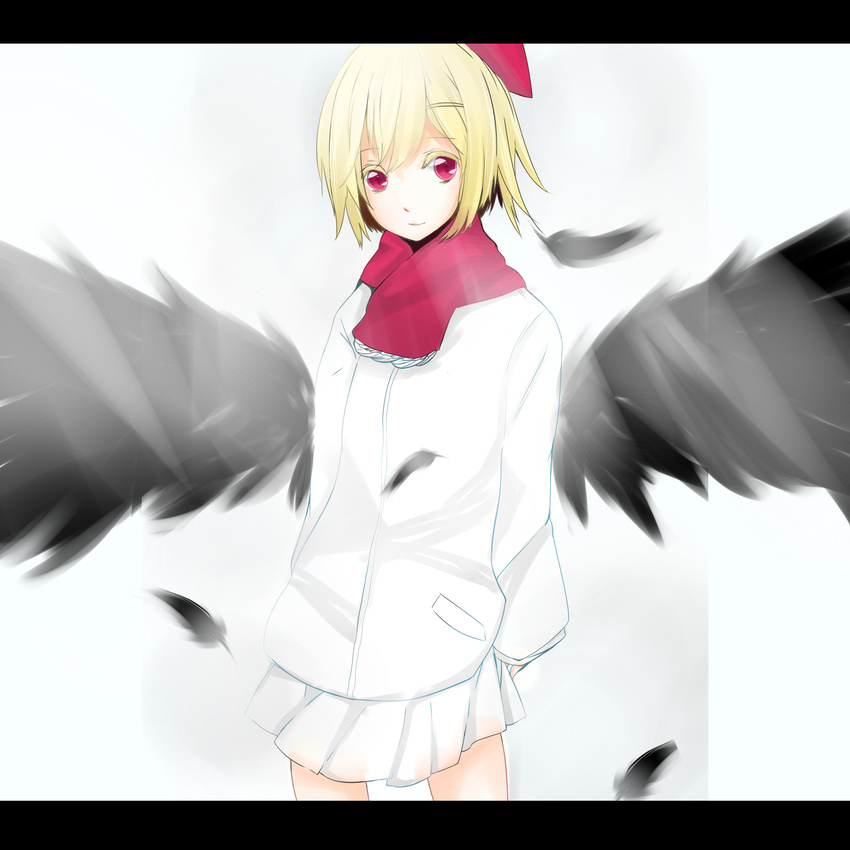 alternate_costume blonde_hair feathers hair_ornament hairpin highres letterboxed long_sleeves red_eyes red_scarf rumia scarf short_hair smile solo standing sweater touhou tp65pxu4 white_background wings