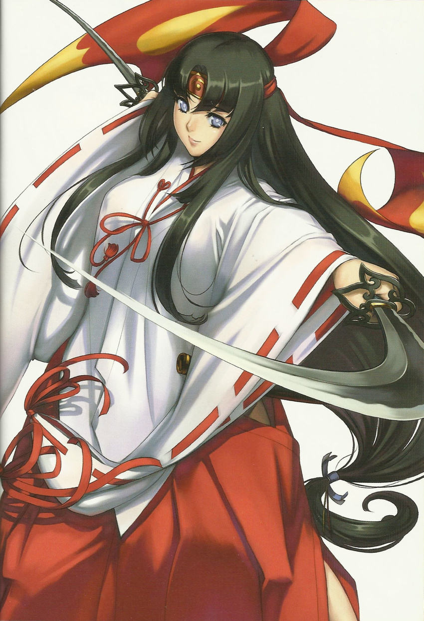 black_hair blind dual_swords female highres japanese_clothes katana long_hair miko official_art queen's_blade queen's_blade_rebellion queen's_blade queen's_blade_rebellion smile solo sword tomoe weapon