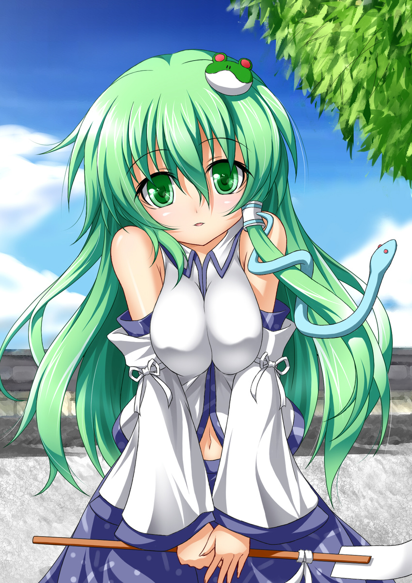 blush breasts cloud day detached_sleeves frog_hair_ornament gohei green_eyes green_hair hair_ornament hair_tubes highres kochiya_sanae large_breasts long_hair open_mouth roura skirt sky snake solo touhou tree wall