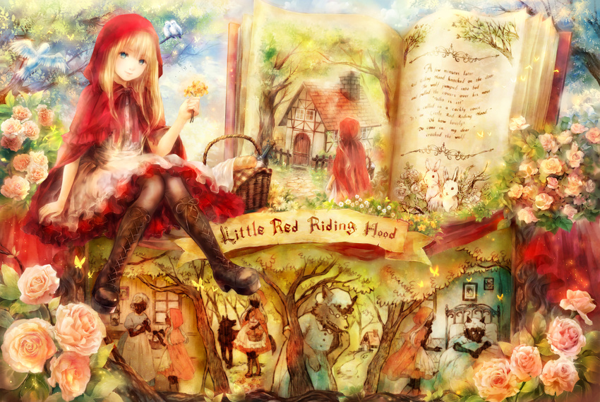 basket bed big_bad_wolf_(grimm) bird blonde_hair blue_eyes book boots bottle bread building bunny cape copyright_name dress fence flower food glasses hand_to_own_mouth hat holding holding_flower hood little_red_riding_hood little_red_riding_hood_(grimm) lying on_back onineko open_book pantyhose pillow pink_flower pink_rose rose solo tree