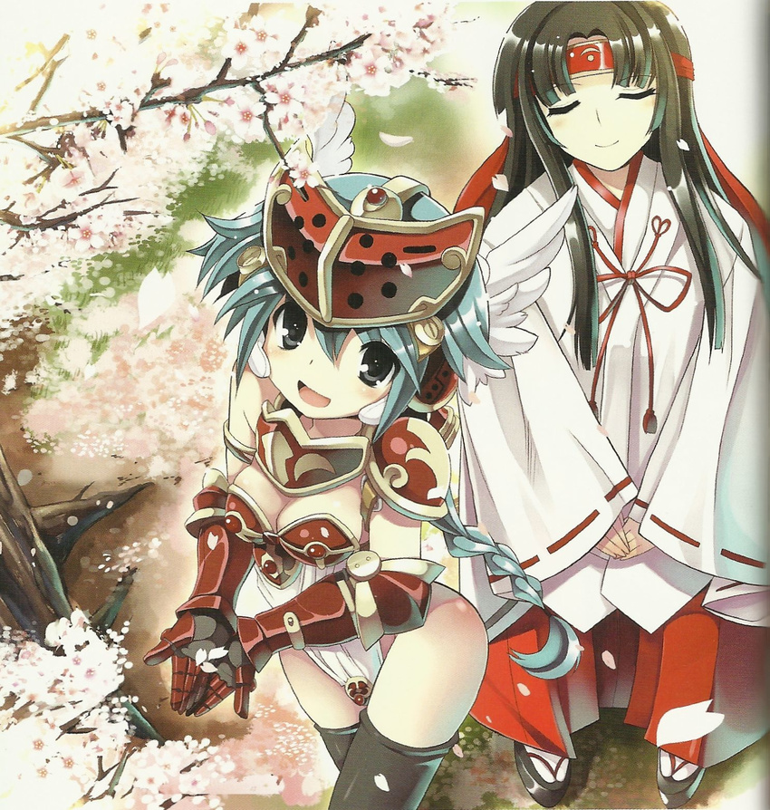 2girls black_hair eyes_closed female highres japanese_clothes long_hair miko mirim multiple_girls official_art queen's_blade queen's_blade_rebellion queen's_blade queen's_blade_rebellion smile standing tomoe