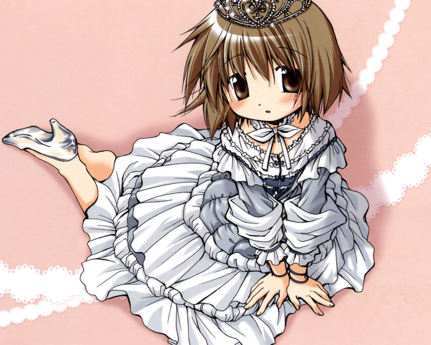 aoki_ume blush brown_eyes brown_hair dress hair_ornament hairclip hidamari_sketch highres official_art scan shoes single_shoe sitting yuno