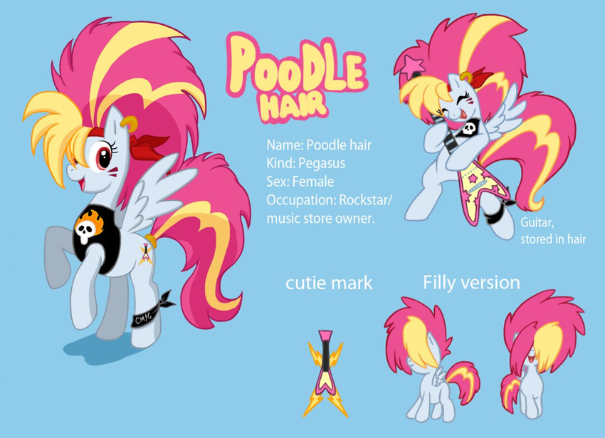 clothing cute cutie_mark ear_piercing english_text equine eyes_closed facial_markings female feral friendship_is_magic guitar hair headband horse lordstevie mammal markings my_little_pony pegasus piercing pony poodle_hair_(mlp) red_eyes shirt text two_tone_hair wings