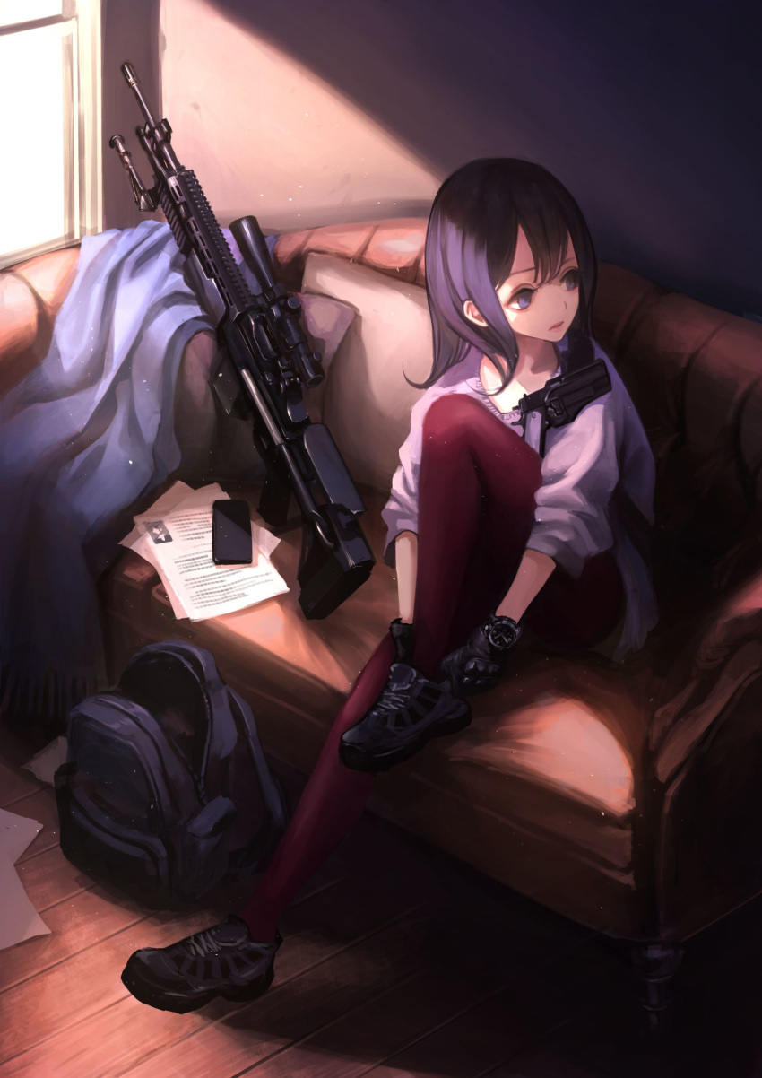 1girl ankle_boots backpack bag black_footwear black_gloves black_hair blanket blue_eyes boots closed_mouth commentary couch day dressing dust_particles gloves gun handgun highres holster indoors knee_up koh_(minagi_kou) long_hair looking_away looking_to_the_side m1911 mk_14_ebr on_couch original pantyhose paper pistol purple_legwear purple_sweater rifle sitting sleeves_pushed_up smartphone_case sniper_rifle solo sunlight sweater watch weapon window wooden_floor wristwatch