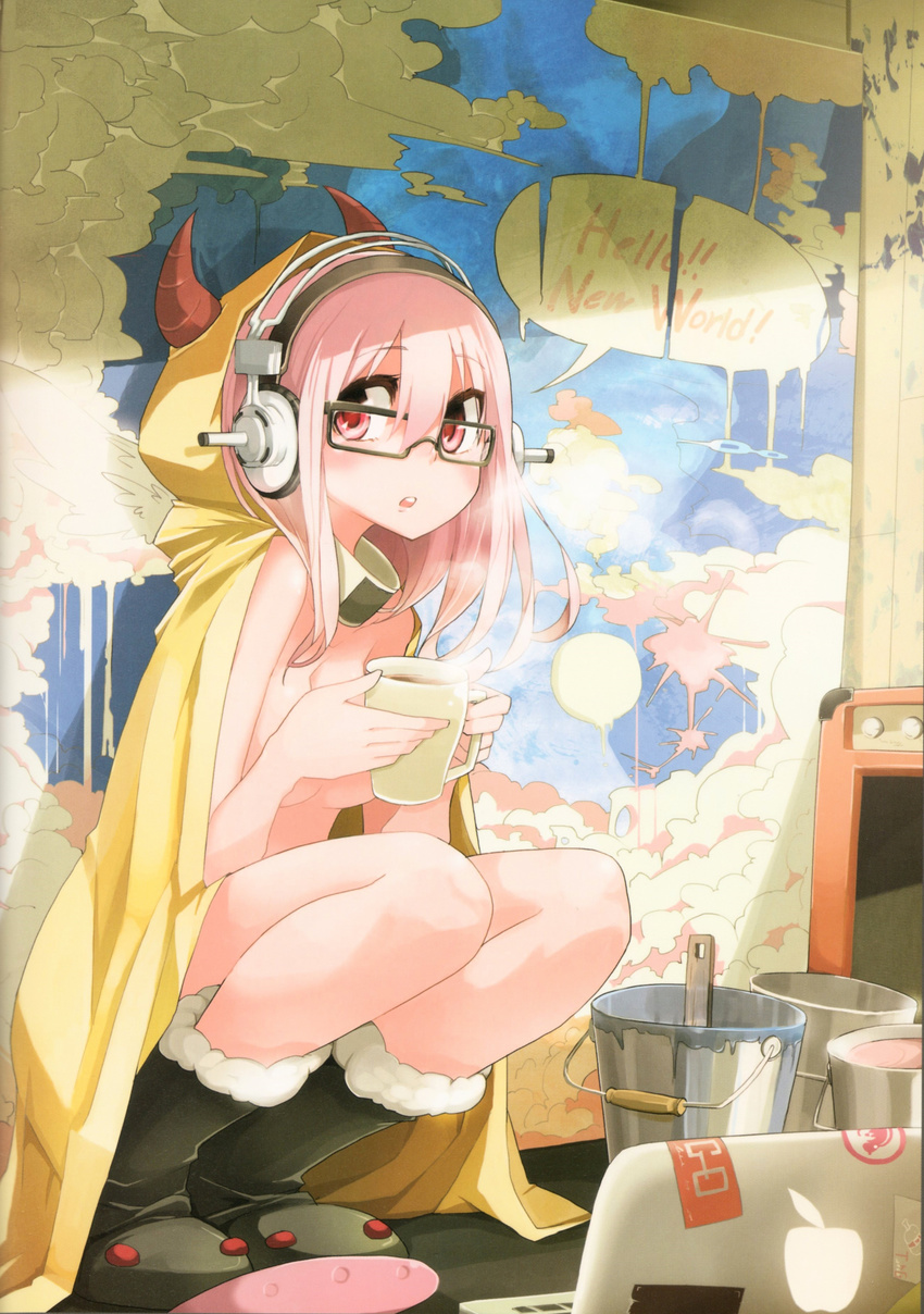 absurdres apple_inc. boots brand_name_imitation breasts bucket cup headphones highres hood horns medium_breasts mug naked_raincoat nitroplus no_bra open_mouth paint pink_eyes pink_hair raincoat scan solo squatting super_sonico tansuke