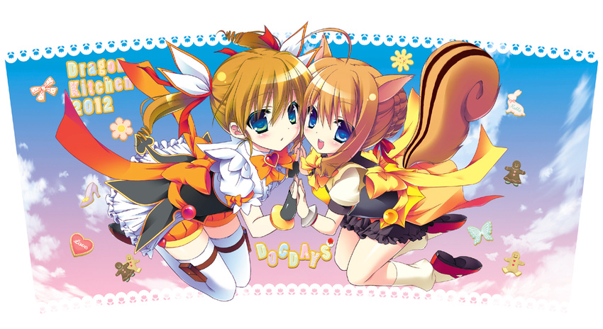 ahoge animal_ears blue_eyes blush bow brown_hair bug butterfly dog_days fingerless_gloves gingerbread gloves hair_ribbon heart insect kanibasami kuberu_e_pastillage multiple_girls open_mouth rebecca_anderson ribbon short_twintails skirt socks squirrel_ears squirrel_tail tail thighhighs twintails