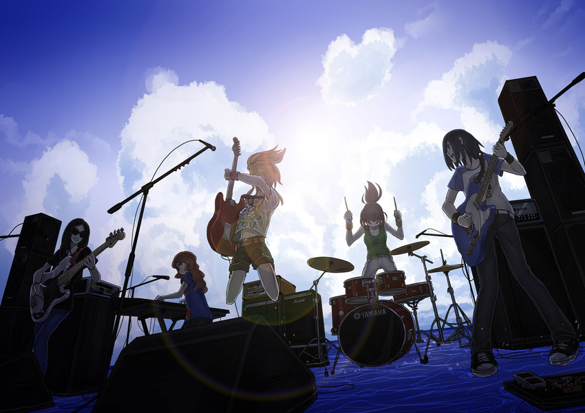 amplifier band black_hair bracelet brown_hair cloud drum drum_set drumsticks electric_guitar from_below grin guitar instrument jewelry jumping keyboard_(instrument) lens_flare long_hair marshall microphone microphone_stand multiple_girls navel orange_amplifiers original pink_hair ponytail short_hair shorts sky smile speaker stage sun sunglasses utsui wristband yamaha