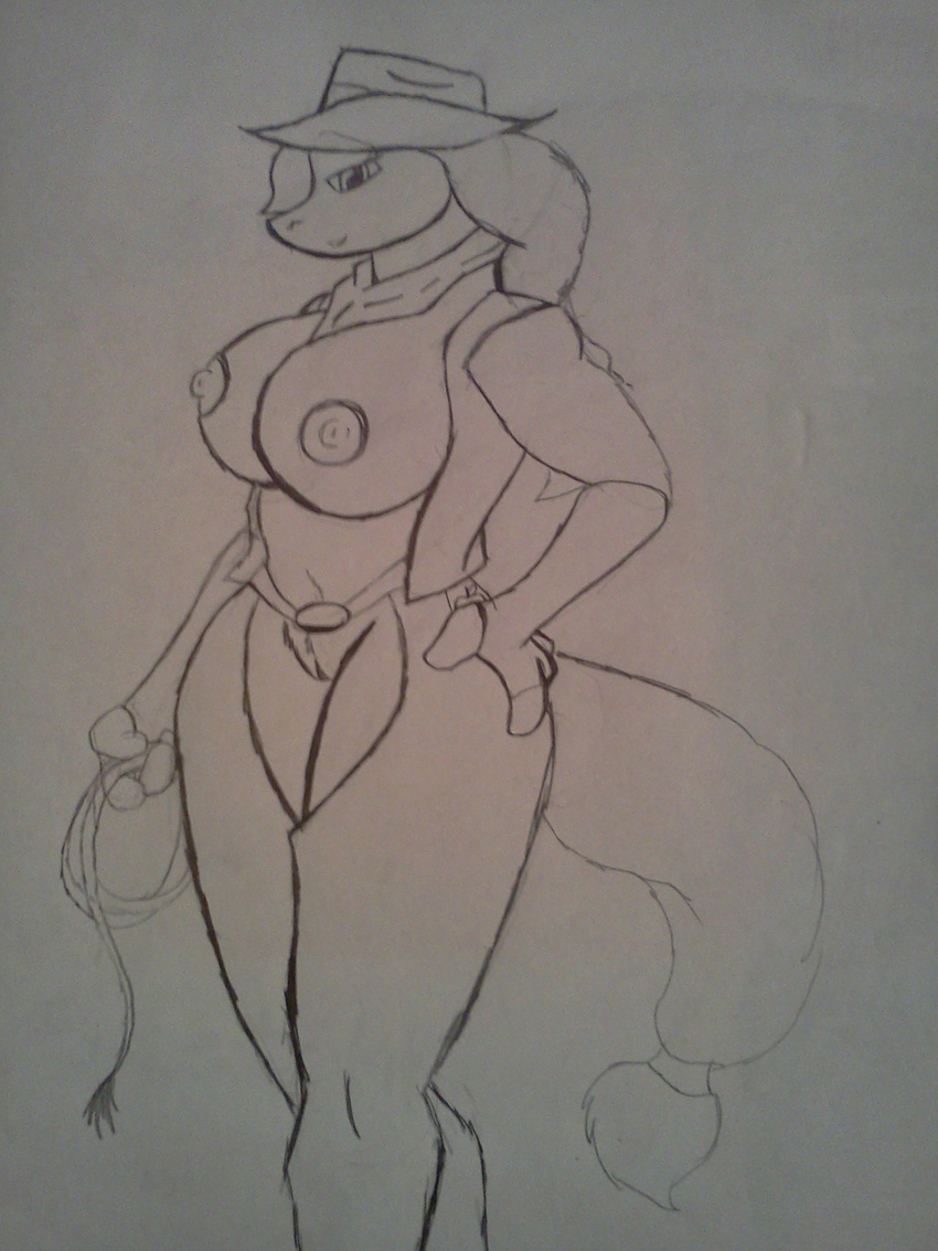 anthro anthrofied applejack_(mlp) belt big_breasts big_hips black_and_white breasts cowboy_hat cutie_mark equine female friendship_is_magic hair hat horse looking_at_viewer mammal monochrome my_little_pony nipples pony pussy redgreenfluffball redgreenfluffball(artist) solo whip wide_hips