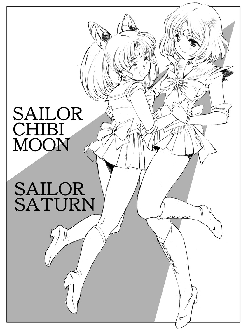 back_bow bishoujo_senshi_sailor_moon boots bow brooch character_name chibi_usa choker closed_eyes full_body greyscale hair_ornament hairpin highres holding_hands jewelry knee_boots lineart magical_girl monochrome moriguchi_nao_(naonao) multiple_girls pleated_skirt ribbon sailor_chibi_moon sailor_saturn sailor_senshi sailor_senshi_uniform short_hair skirt smile tomoe_hotaru twintails