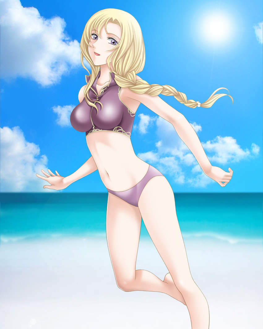 beach bikini blonde_hair braid day fire_emblem fire_emblem:_rekka_no_ken highres long_hair louise running sun swimsuit tamamon