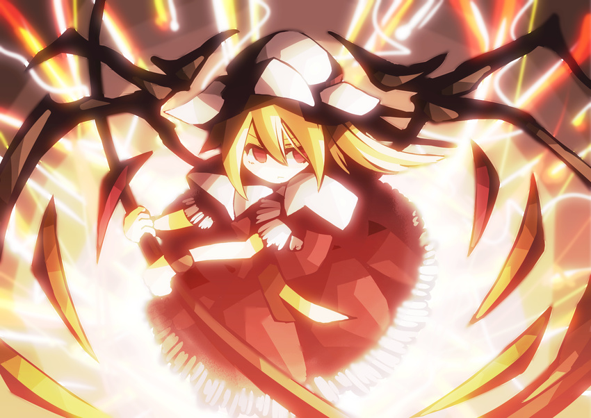 bad_id bad_pixiv_id blonde_hair clair_(v0yance) flandre_scarlet hat highres puffy_sleeves red_eyes short_hair short_sleeves side_ponytail solo touhou weapon wings