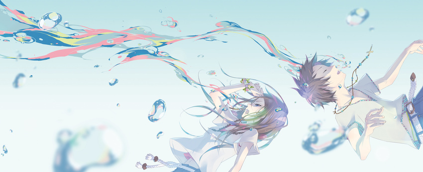 1girl arm_up belt blue_eyes brown_hair bubble closed_eyes cross flower flower_bracelet highres jewelry long_hair long_image monq necklace open_mouth original profile rope shirt short_hair underwater wide_image