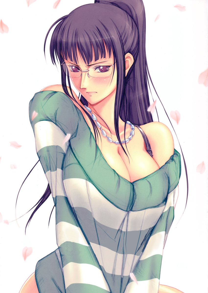 1girl bangs bare_shoulders black_hair blunt_bangs blush bra_strap breasts cleavage collarbone embarrassed female glasses highres huge_breasts jewelry large_breasts long_hair long_sleeves looking_at_viewer necklace nico_robin no_pants one_piece one_piece:_strong_world petals pink_eyes ponytail purple_eyes purple_hair rimless_glasses shirt shirt_tug simple_background sitting solo striped striped_shirt striped_sweater sweater sweater_tug white_background