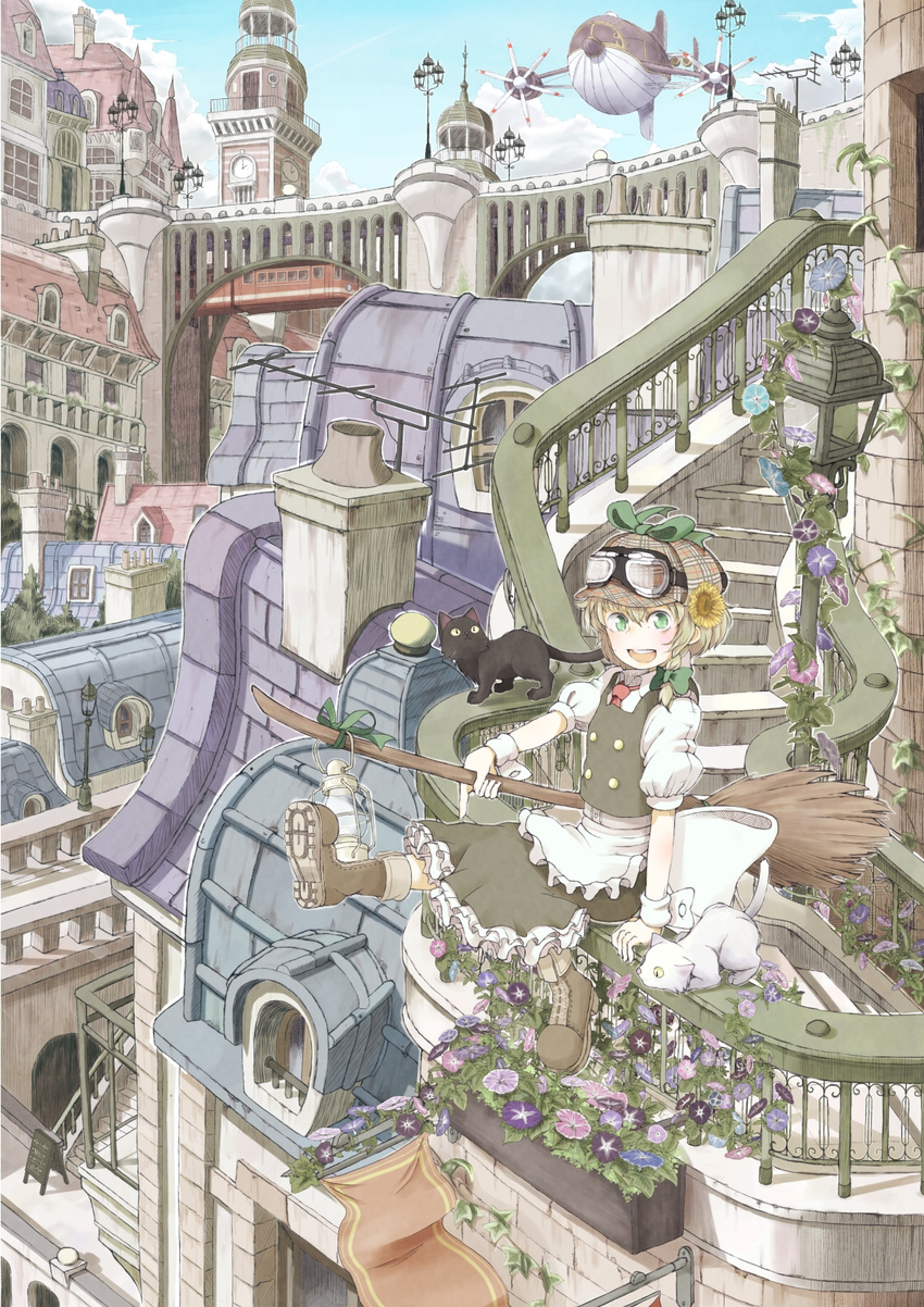 aircraft airship alternate_eye_color alternate_headwear analog_clock animal antennae apron architecture bad_id bad_pixiv_id balcony blonde_hair braid bridge broom building cat cityscape clock clock_tower cloud day flower goggles goggles_on_headwear green_eyes hair_ornament hat highres house kirisame_marisa kitsuneno_denpachi lamppost long_hair looking_at_viewer necktie open_mouth outdoors puffy_sleeves scenery short_hair single_braid sitting sky solo steampunk touhou tower wrist_cuffs yellow_eyes