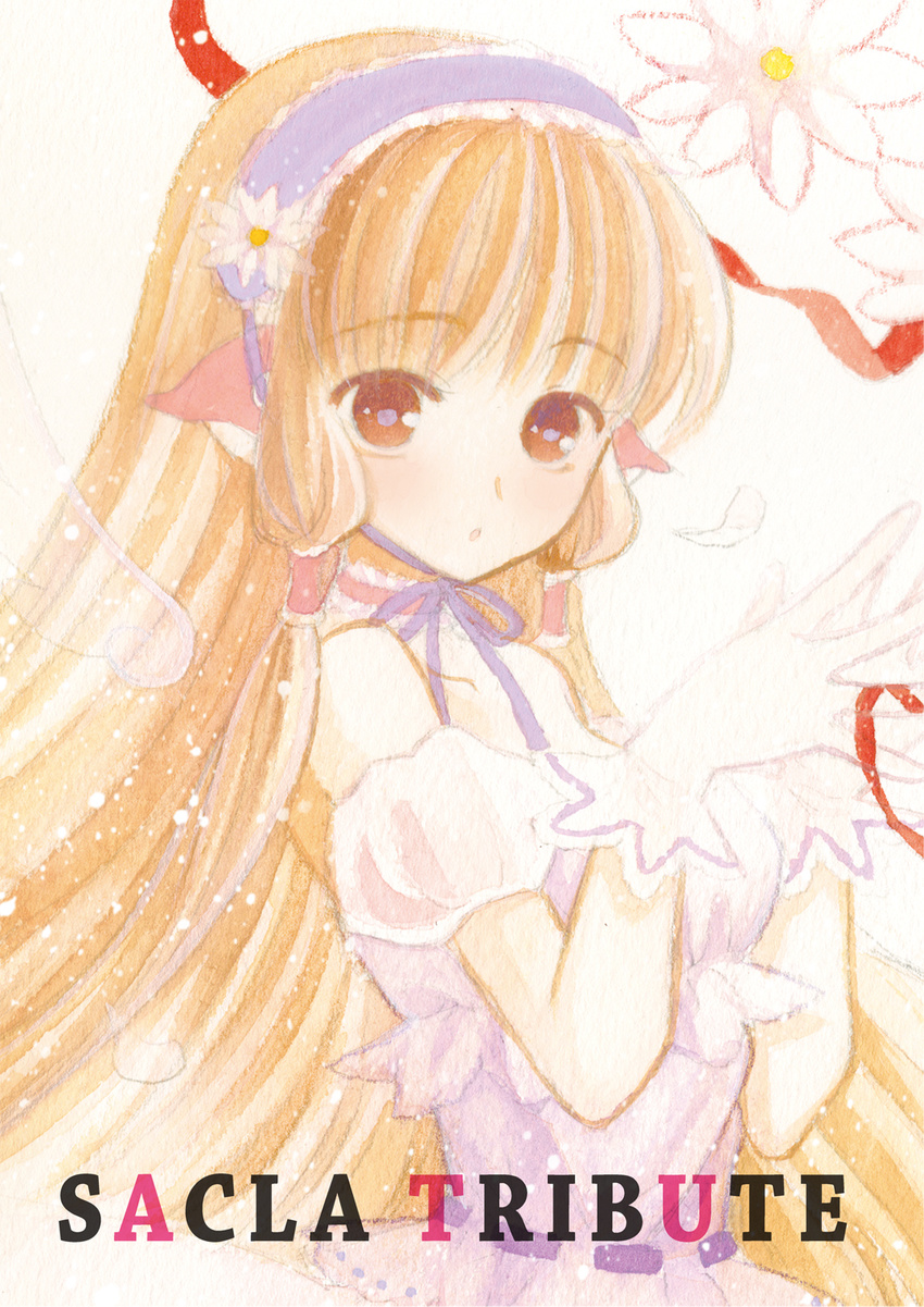 :o bad_id bad_pixiv_id bangs bare_shoulders blonde_hair blunt_bangs brown_eyes chii chobits choker detached_sleeves dress flower gloves hair_tubes hairband hands_together highres lolita_fashion lolita_hairband long_hair own_hands_together pale_color puffy_sleeves purple_dress ribbon robot_ears solo sweet_lolita tougetsu_hajime traditional_media watercolor_(medium) white_gloves