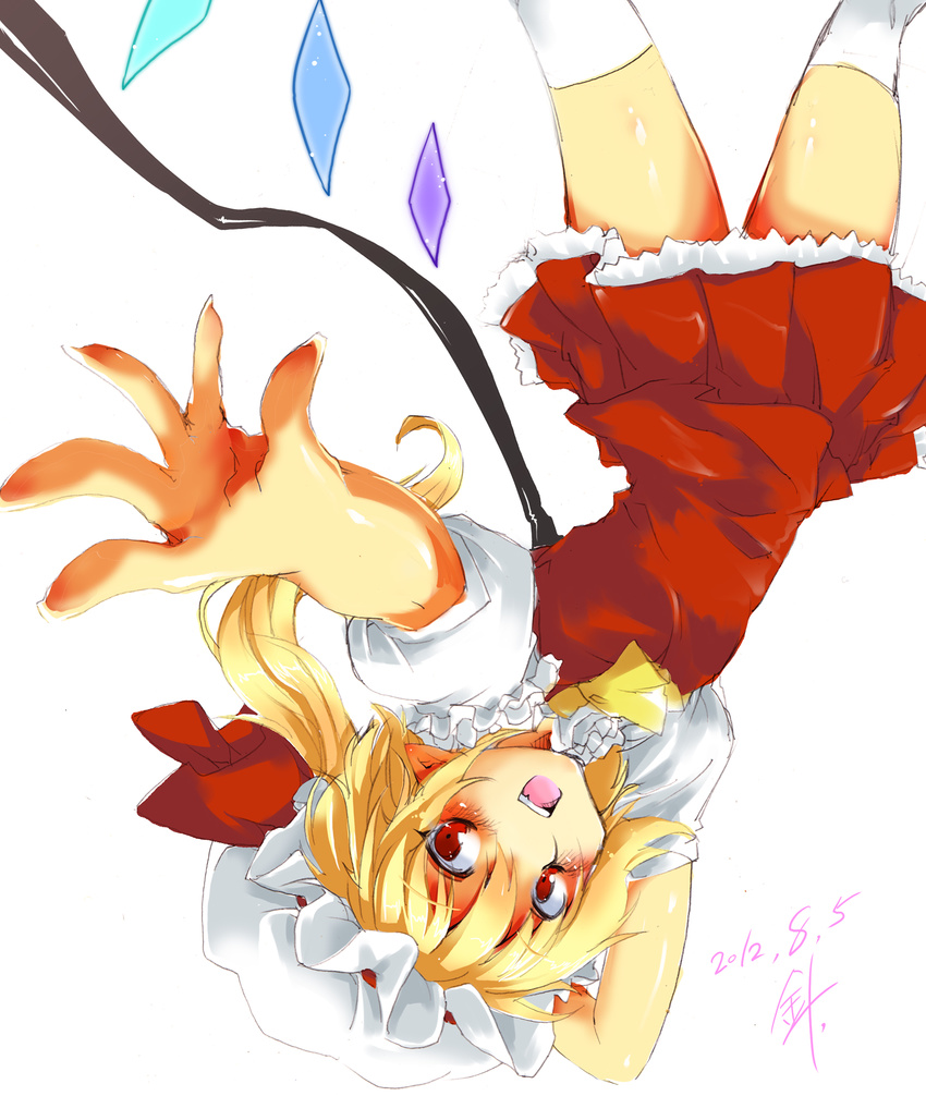 absurdres arm_behind_head ascot blonde_hair dated fang flandre_scarlet harry_(namayake) hat hat_ribbon highres open_mouth outstretched_arm pointy_ears red_eyes ribbon short_hair side_ponytail signature simple_background skirt skirt_set smile solo thighhighs touhou upside-down white_background white_legwear wings