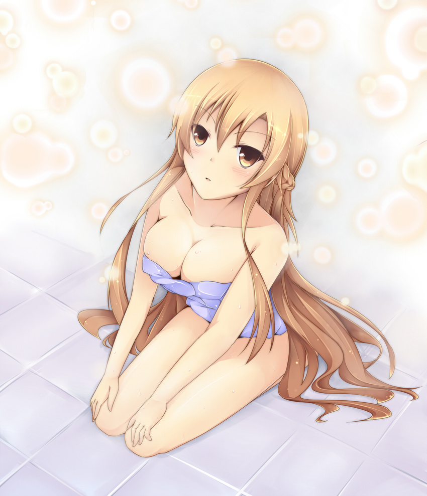 asuna_(sao) bare_shoulders blush breasts brown_eyes brown_hair chiyami downblouse highres large_breasts long_hair long_legs looking_at_viewer naked_towel seiza sitting solo sword_art_online towel