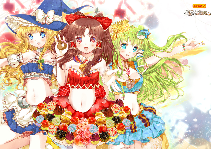 alternate_costume alternate_hairstyle aqua_eyes ascot bad_id bad_pixiv_id blonde_hair blue_eyes blush bow braid breasts brown_hair bustier choker cleavage collarbone crescent crown detached_sleeves food frog_hair_ornament gem green_hair hair_bow hair_ornament hair_tubes hakurei_reimu hat hat_bow heco_(mama) jewelry kirisame_marisa kochiya_sanae long_hair medium_breasts midriff miniskirt multiple_girls navel necklace open_mouth puffy_sleeves red_eyes side_braid single_braid skirt snake_hair_ornament star sweets touhou white_bow witch_hat yin_yang