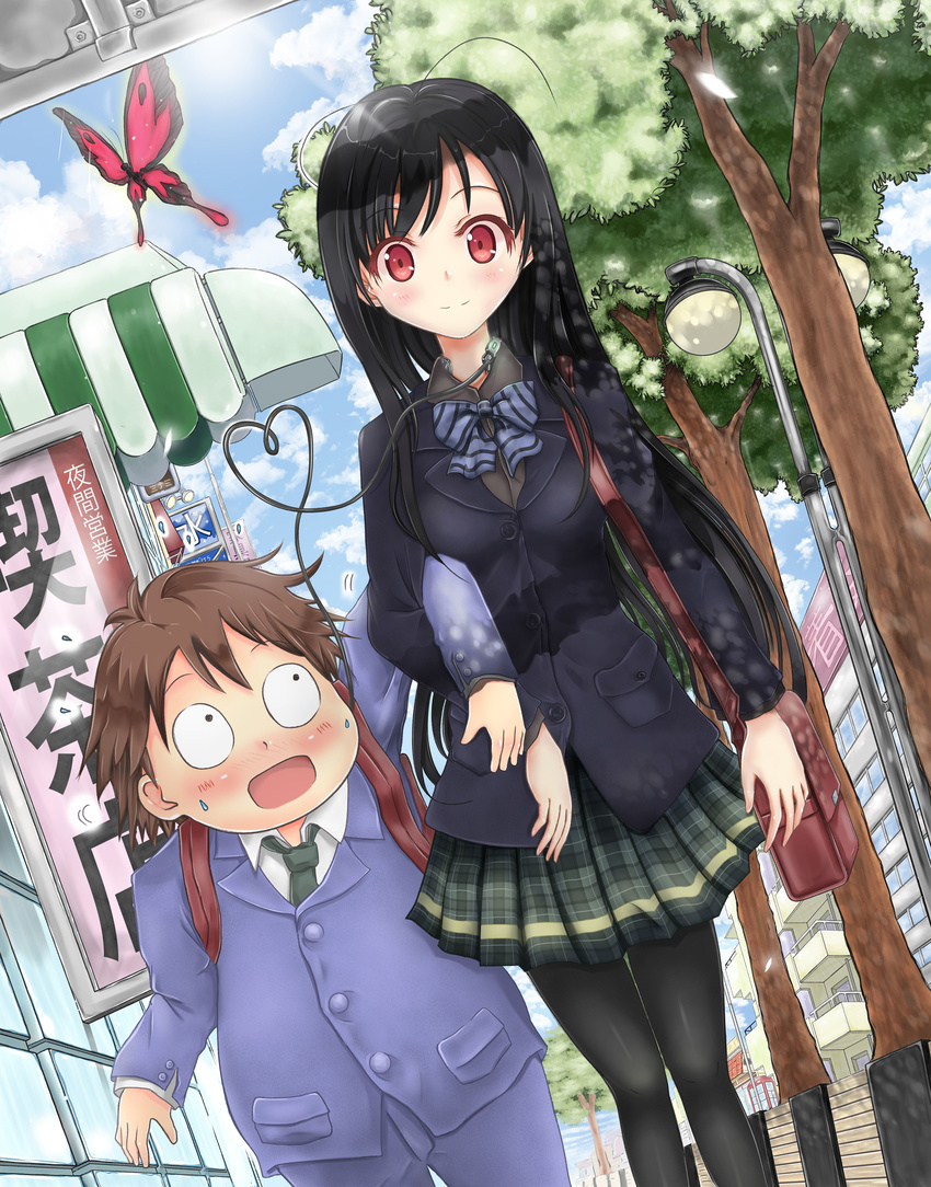 1girl absurdres accel_world antenna_hair arita_haruyuki artist_request bad_id bad_pixiv_id black_hair blush brown_hair bug butterfly couple heart heart_of_string hetero highres insect kuroyukihime locked_arms long_hair open_mouth pantyhose red_eyes school_uniform skirt umesato_middle_school_uniform very_long_hair
