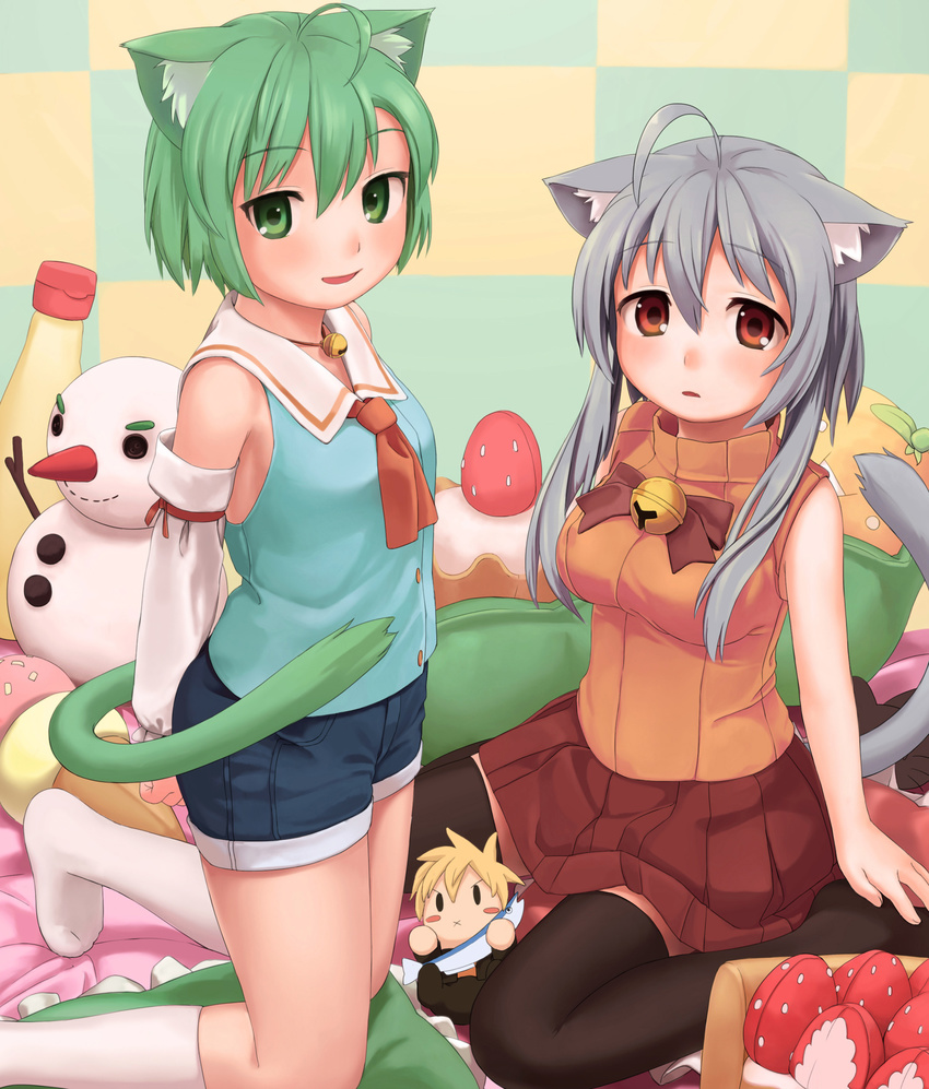 animal_ears bare_shoulders bell black_legwear blonde_hair blush blush_stickers borrowed_character bottle cat_ears cat_tail checkered checkered_background detached_sleeves green_eyes green_hair highres jingle_bell looking_at_viewer multiple_girls necco_(tefun) orange_shirt original red_eyes sawada_yuusuke sharon_(dodomayo) shirt short_hair shorts silver_hair sitting skirt sleeveless sleeveless_turtleneck snowman tail thighhighs turtleneck wariza