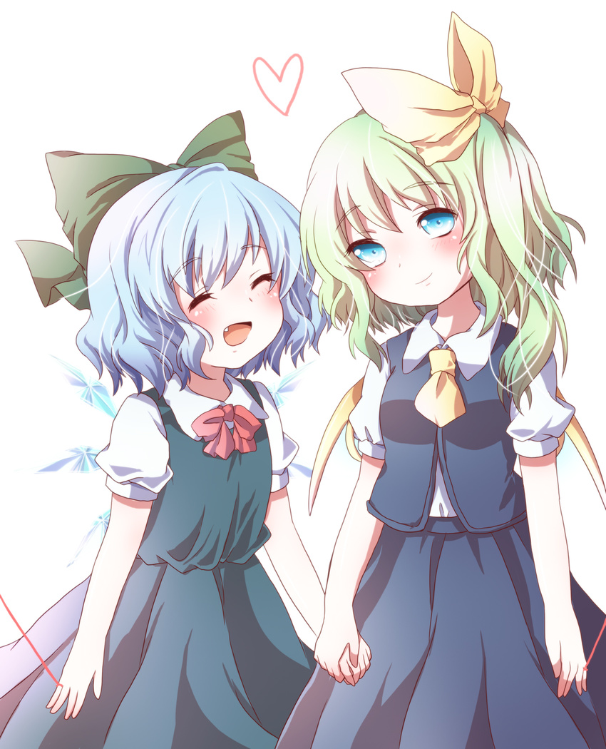 ascot bad_id bad_pixiv_id blue_dress blue_eyes blue_hair blush bow cirno closed_eyes daiyousei dress fairy_wings fang green_hair hair_bow hair_ribbon heart highres holding_hands kuromame_(8gou) multiple_girls open_mouth red_string ribbon shirt side_ponytail skirt skirt_set smile string touhou wings